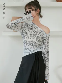 Yedinas Kreslenie Y2k Print T Shirt Žien Nepravidelná Krku Telo T-shirt Dizajnér Top Bielizeň Jeseň Tee Topy Gotický Femme Oblečenie