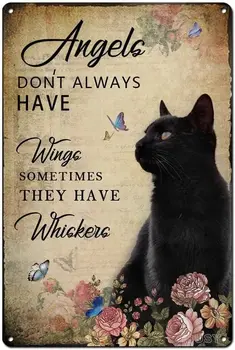 Zábavné Retro Plechovka Znamení Black Cat - Anjeli Nemávajú Krídla Niekedy Majú Fúzov - Čierna Mačka, Dekor