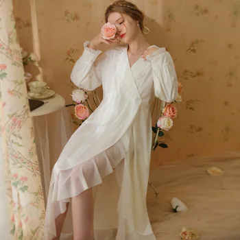 fancy nightgown ženy 2023 Jeseň Nové Bavlna Odev francúzske Retro Princezná Štýl Dlhé Šaty Bielej Farby FG605