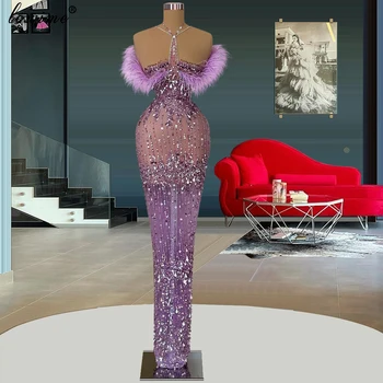 Špeciálne Fialová Sequined Celebrity Šaty Dlhé Morská Mačka Chodiť Coutures Večerné Šaty S Perím Vestidos De Gala Party Šaty
