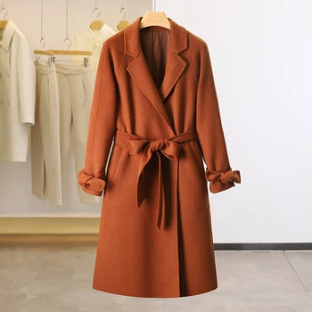 Ženské vlny kabát zimný vlnené kabáty elegantný dlhý kabát v strede zúžený